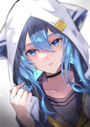 Rule 34 | 1girl, absurdres, animal hood, blue eyes, blue hair, blue sailor collar, blue shirt, collarbone, commentary request, gradient background, grey background, hair between eyes, hand up, highres, hololive, hood, hood up, hooded jacket, hoshimachi suisei, hoshimachi suisei (school uniform), jacket, long sleeves, looking at viewer, parted lips, pekerika, sailor collar, shirt, solo, upper body, virtual youtuber, white background, white jacket