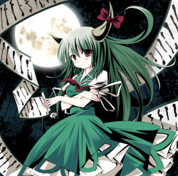 Rule 34 | 1girl, bad id, bad pixiv id, bamboo, bamboo forest, crossed arms, dress, ex-keine, female focus, forest, full moon, green dress, green hair, horn ornament, horn ribbon, horns, kamishirasawa keine, kurume shou, long hair, moon, nature, night, pink eyes, puffy sleeves, red eyes, ribbon, scroll, shirt, short sleeves, sky, solo, touhou, very long hair