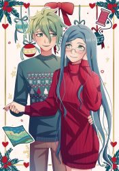 Rule 34 | 1boy, 1girl, amami rantaro, blue hair, blush, bow, brown eyes, brown pants, cheer (cheerpuppy14), christmas ornaments, commentary, couple, cowboy shot, danganronpa (series), danganronpa v3: killing harmony, ear piercing, earrings, english commentary, glasses, green eyes, green hair, grin, hair between eyes, hand on another&#039;s hip, hand on own cheek, hand on own face, heart, highres, holding hands, jewelry, long hair, looking at another, map (object), nail polish, open mouth, pale skin, pants, piercing, red bow, red nails, red sweater, ribbed sweater, shirogane tsumugi, smile, star (symbol), sweater, turtleneck, turtleneck sweater, white background