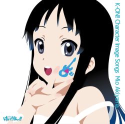 Rule 34 | 1girl, aged down, akiyama mio, album cover, artist request, bare shoulders, black hair, cover, facepaint, grey eyes, hime cut, k-on!, long hair, non-web source, open mouth, parody, round teeth, simple background, solo, strap slip, style parody, teeth, v