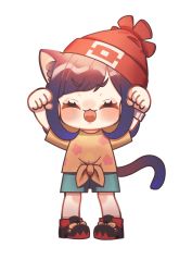 Rule 34 | 1girl, :d, animal ears, arms up, beanie, blush, bracelet, cat ears, cat girl, cat tail, chibi, clenched hands, closed eyes, commentary request, creatures (company), eyelashes, floral print, full body, game freak, green shorts, hat, highres, jewelry, long hair, nintendo, open mouth, pigeon-toed, pokemon, pokemon sm, red hat, selene (pokemon), shirt, short sleeves, shorts, smile, solo, standing, t-shirt, tail, tied shirt, tongue, yoshiyoshiwa, |d