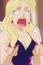 Rule 34 | 1girl, black one-piece swimsuit, breasts, cleavage, disgust, earrings, highres, jewelry, large breasts, long hair, looking to the side, marilyn (red baron), nail polish, one-piece swimsuit, open mouth, red baron (anime), screencap, swimsuit, third-party edit, upper body, very long hair