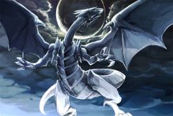 Rule 34 | blue-eyes white dragon, claws, cloud, cloudy sky, commentary, dragon, duel monster, labombardier!, moon, no humans, sky, tail, wings, yu-gi-oh!