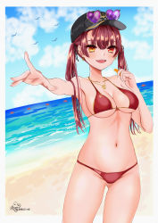 Rule 34 | 1girl, absurdres, baseball cap, beach, bikini, black hat, blue sky, breasts, cleavage, cloud, cowboy shot, day, hair ribbon, hat, heterochromia, highres, hololive, hololive fantasy, horizon, houshou marine, houshou marine (summer), jewelry, large breasts, long hair, looking at viewer, necklace, norikanzume, ocean, outdoors, red bikini, red eyes, red hair, red ribbon, ribbon, sky, solo, standing, swimsuit, twintails, very long hair, virtual youtuber, yellow eyes