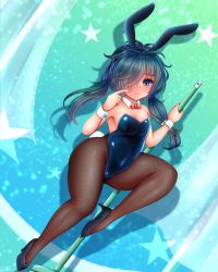 Rule 34 | 1girl, animal ears, black hair, black pantyhose, blue eyes, blue leotard, bow, bowtie, breasts, bunny day, commentary request, detached collar, fishnet pantyhose, fishnets, full body, gradient hair, hair over one eye, highres, leotard, momiji nabe no nabe, multicolored hair, pantyhose, playboy bunny, pole dancing, pop&#039;n music, rabbit ears, rabbit tail, red bow, red bowtie, small breasts, solo, strapless, strapless leotard, tail, uta (pop&#039;n music), wrist cuffs