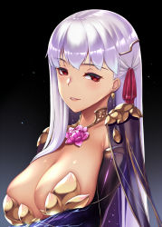 Rule 34 | 1girl, arm under breasts, armlet, armor, bikini armor, black background, blush, breasts, circlet, cleavage, collar, collarbone, earrings, fate/grand order, fate (series), flower, gradient background, hair ribbon, highres, jewelry, kama (fate), kama (third ascension) (fate), long hair, looking at viewer, metal collar, parted lips, pink ribbon, red eyes, ribbon, silver hair, smile, takanashi-a