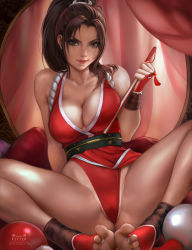 Rule 34 | 1girl, absurdres, breasts, brown eyes, brown hair, cameltoe, cleavage, commentary, deviantart username, english commentary, fatal fury, feet, female focus, folding fan, gluteal fold, hand fan, highres, holding, holding fan, japanese clothes, kittew, knees apart feet together, large breasts, long hair, looking at viewer, matching hair/eyes, ninja, patreon username, pillow, ponytail, revealing clothes, shiranui mai, sitting, sleeveless, smile, snk, solo, spread legs, the king of fighters, toes, watermark, web address
