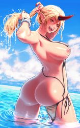 Rule 34 | 1girl, :d, alternate hairstyle, armpits, arms up, artist name, ass, back, bikini, black bikini, blonde hair, blue sky, breasts, cloud, commentary request, cowboy shot, day, envenomist (gengoroumaru), fangs, fingernails, from behind, halterneck, head tilt, highres, holding, holding own hair, horns, hoshiguma yuugi, inflatable armbands, large breasts, long hair, looking back, nail polish, nipples, ocean, oni, oni horns, open mouth, outdoors, pointy ears, ponytail, red eyes, red nails, sharp fingernails, sharp teeth, shiny skin, side-tie bikini bottom, single horn, skindentation, sky, smile, solo, standing, string bikini, swimsuit, teeth, thighs, touhou, twisted torso, twitter username, tying hair, untied bikini, wading, water, wet, wet hair, wristband