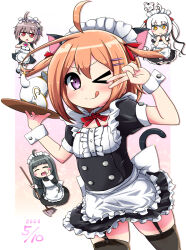 Rule 34 | &gt; &lt;, 2020, 4girls, ahoge, animal, animal ears, animal on head, apron, black hair, blush stickers, broom, buttons, cat ears, cat tail, closed eyes, closed mouth, cup, dated, detached collar, double-breasted, dress, fake animal ears, fake tail, frilled dress, frills, garter belt, gokotai yoshimitsu, gotou toushirou (tenka hyakken), grey hair, hair ornament, hands up, heart, heart hands, highres, holding, holding broom, holding tray, kneehighs, long sleeves, maid, maid apron, maid day, maid headdress, midare toushirou (tenka hyakken), multicolored hair, multiple girls, namazuo toushirou (tenka hyakken), on head, one eye closed, open mouth, orange-bird, orange hair, purple eyes, raised eyebrows, red ribbon, ribbon, short sleeves, smile, socks, tail, teacup, teapot, tenka hyakken, tiger, tiger cub, tongue, tongue out, tray, twintails, two-tone hair, v over eye, white hair, white tiger, wrist cuffs