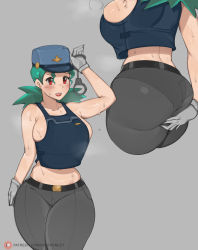 Rule 34 | 1girl, belt, bob (bobtheneet), breasts, covering privates, covering ass, creatures (company), crop top, cuffs, from behind, game freak, grey background, hand up, handcuffs, highres, jenny (pokemon), large breasts, lipstick, makeup, nervous, nintendo, pokemon, pokemon (anime), pokemon journeys, scratching ass, sideboob, simple background, strapless, sweat, thighs, tube top