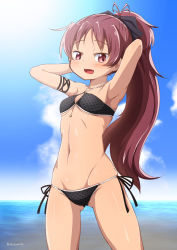 Rule 34 | 1girl, abutomato, armpits, arms behind head, bare shoulders, bikini, black bikini, black ribbon, blue sky, blush, breasts, cloud, collarbone, commentary request, day, fang, female focus, gluteal fold, groin, hair ribbon, highres, long hair, looking at viewer, mahou shoujo madoka magica, medium breasts, navel, ocean, open mouth, outdoors, ponytail, red eyes, red hair, ribbon, sakura kyoko, sakura kyoko (swimsuit costume), side-tie bikini bottom, sky, smile, solo, standing, swimsuit, twitter username, very long hair