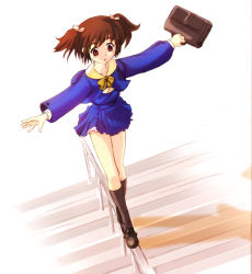 Rule 34 | 00s, 1girl, bag, balancing, brown hair, outstretched arms, pleated skirt, red eyes, satchel, school uniform, serafuku, short twintails, skirt, solo, spread arms, to heart (series), to heart 2, twintails, yuzuhara konomi