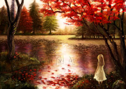 Rule 34 | 1girl, autumn, autumn leaves, blonde hair, commentary request, dress, facing away, from behind, grass, hanagara (k tento), lake, light particles, long hair, original, outdoors, partial commentary, petals, petals on liquid, pine tree, rock, scenery, skirt hold, solo, standing, tree, twilight, white dress