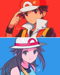 Rule 34 | 1boy, 1girl, bare shoulders, baseball cap, black shirt, blue background, blue shirt, brown hair, closed mouth, creatures (company), determined, game freak, hair flaps, hand up, hat, jacket, leaf (pokemon), long hair, nintendo, pokemon, pokemon frlg, popped collar, red (pokemon), red background, red eyes, red headwear, red jacket, shirt, short hair, sleeveless, sleeveless shirt, spiked hair, v-shaped eyebrows, white headwear, wristband, yasaikakiage