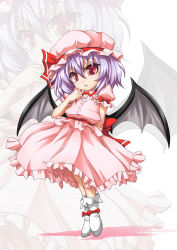 Rule 34 | 1girl, bat wings, boots, chibi, fang, female focus, hat, hat ribbon, highres, open mouth, pink hair, purple hair, remilia scarlet, ribbon, roura, shirt, skirt, skirt set, solo, touhou, wings, zoom layer