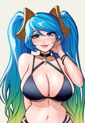 Rule 34 | 1girl, artist name, bikini, black bikini, blue eyes, blue hair, blush, breasts, cleavage, gradient hair, green hair, hair ornament, hair tie on wrist, highres, jewelry, konomidraws, large breasts, league of legends, long hair, looking at viewer, multicolored hair, navel, navel piercing, piercing, pool party (league of legends), simple background, smile, solo, sona (league of legends), swimsuit, treble clef, twintails, twitter username, two-tone hair, very long hair