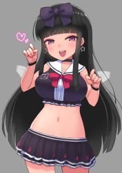 Rule 34 | 1girl, alternate costume, black choker, black hair, blush, bow, bowtie, breasts, choker, commentary request, cookie (touhou), cowboy shot, crop top, cross print, earrings, fairy wings, grey background, hair bow, heart, highres, hime cut, jewelry, large breasts, long hair, looking at viewer, miniskirt, navel, open mouth, purple bow, purple eyes, purple skirt, red bow, red bowtie, s ibane, sailor collar, shirt, shunga youkyu, sidelocks, simple background, skirt, skirt set, sleeveless, sleeveless shirt, smile, solo, star (symbol), star earrings, star sapphire, the chicken that appears in the middle of cookie, touhou, very long hair, white sailor collar, wings, wristband