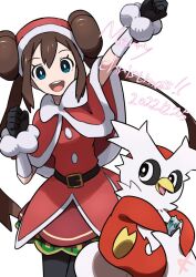 Rule 34 | 1girl, :d, arm up, belt, black gloves, black pantyhose, blue eyes, brown hair, capelet, commentary request, creatures (company), dated, delibird, double bun, doughnut hair bun, game freak, gen 2 pokemon, gloves, hair bun, hand up, kanade (unchi knd280), looking at viewer, merry christmas, nintendo, official alternate costume, open mouth, pantyhose, pokemon, pokemon (creature), pokemon masters ex, red capelet, rosa (holiday 2019) (pokemon), rosa (pokemon), smile, teeth, tongue, twintails, upper teeth only