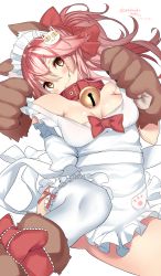 Rule 34 | 1girl, :3, animal ear fluff, animal ears, animal hands, apron, apron pull, bare shoulders, bell, blush, bow, breasts, brown eyes, cat hair ornament, cat paws, cleavage, clothes pull, collar, commentary request, eyebrows, fang, fate/grand order, fate (series), fox ears, fox tail, frills, gloves, hair between eyes, hair bow, hair ornament, highres, long hair, looking at viewer, maid headdress, medium breasts, naked apron, nebusoku, neck bell, paw gloves, paw shoes, pink hair, ponytail, red bow, sash, shoes, sidelocks, signature, simple background, smile, solo, tail, tamamo (fate), tamamo cat (fate), tamamo cat (third ascension) (fate), tamamo no mae (fate/extra), thighhighs, thighs, white background, white thighhighs