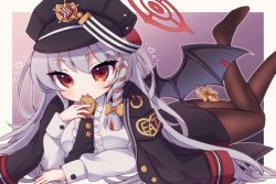 Rule 34 | 1girl, armband, black hat, black jacket, black necktie, blue archive, braid, breasts, brown pantyhose, center frills, commentary request, demon wings, food, frills, grey hair, grey wings, halo, haruna (blue archive), hat, heart, highres, holding, holding food, jacket, jacket on shoulders, legs up, long hair, long sleeves, lying, medium breasts, necktie, no shoes, on stomach, outside border, pantyhose, peaked cap, puffy long sleeves, puffy sleeves, red eyes, rensei, shirt, single braid, solo, taiyaki, very long hair, wagashi, white shirt, wings