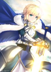 Rule 34 | 1girl, absurdres, ahoge, armor, armored dress, artoria pendragon (fate), blonde hair, blue cape, braid, cape, dutch angle, excalibur (fate/stay night), fate/grand order, fate/stay night, fate (series), french braid, fur-trimmed cape, fur trim, glowing, glowing sword, glowing weapon, green eyes, highres, keisuke desu~, looking at viewer, planted sword, planted, saber (fate), solo, sword, weapon, white background