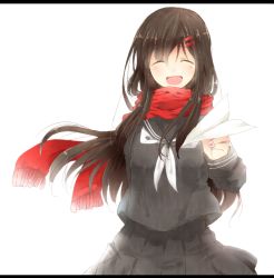Rule 34 | 1girl, black hair, blush, closed eyes, enpera, fringe trim, hair ornament, hairclip, kagerou project, letterboxed, long hair, paper, paper airplane, red scarf, scarf, school uniform, serafuku, shine5s, smile, solo, tateyama ayano, toumei answer (vocaloid), vocaloid