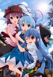Rule 34 | &gt;:(, 3girls, :d, ;d, blue eyes, blue hair, boots, bow, cirno, dress, food, food in mouth, food on head, frown, fruit, fruit on head, girl sandwich, hair bow, hat, highres, hinanawi tenshi, hot, ice, ice wings, knee boots, long hair, melting, multiple girls, nagae iku, object on head, one eye closed, open mouth, peach, popsicle, purple hair, red eyes, ruu (tksymkw), sandwiched, shawl, short hair, smile, surprised, sweat, sweatdrop, teeth, touhou, v-shaped eyebrows, watermelon bar, wide-eyed, wings