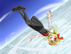 Rule 34 | 1girl, :d, above clouds, araki (qbthgry), blonde hair, cloud, artistic error, fang, hair ribbon, open mouth, pleated skirt, red eyes, ribbon, rumia, shirt, short hair, skirt, smile, solo, thighhighs, touhou, upside-down