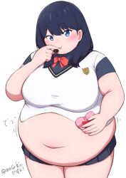 1girl big_belly black_hair blue_eyes blush bow bowtie breasts chewing chocolate eating fat fat_woman gridman_universe heart large_breasts masakin medium_hair midriff_peek miniskirt navel open_mouth school_uniform shirt skirt solo ssss.gridman standing sweater_vest takarada_rikka tight_clothes valentine white_background