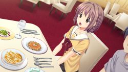 Rule 34 | 10s, 1girl, brown eyes, brown hair, chair, food, game cg, highres, kitami minamo, koutaro, open mouth, protagonist (tropical vacation), short hair, smile, table, tropical kiss, tropical vacation, twinkle (company)