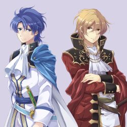 Rule 34 | 2boys, absurdres, ascot, blonde hair, blue cape, blue eyes, blue hair, brown eyes, cape, coat, commentary request, eldigan (fire emblem), fire emblem, fire emblem: genealogy of the holy war, high collar, highres, jacket, long sleeves, looking at viewer, male focus, melka (elyss-abyss), multiple boys, nintendo, open clothes, open coat, purple background, red coat, short hair, sigurd (fire emblem), simple background, smile, sword, upper body, weapon, white ascot, white jacket