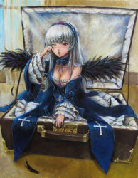 Rule 34 | 00s, 1girl, blush, breasts, cleavage, dress, frills, hairband, md5 mismatch, oil painting (medium), one eye closed, painting (medium), red eyes, resolution mismatch, rozen maiden, silver hair, sleepy, solo, source larger, strap slip, suigintou, tafuto, traditional media, wings, wink, yawning