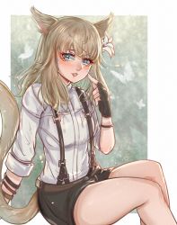 Rule 34 | 1girl, absurdres, akira-tama, animal ears, warrior of light (ff14), black gloves, blonde hair, blue eyes, blush, bracelet, cat ears, cat tail, final fantasy, final fantasy xiv, fingerless gloves, flower, gloves, hair flower, hair ornament, highres, huge filesize, jewelry, long hair, looking at viewer, miqo&#039;te, open mouth, shorts, sitting, sleeves rolled up, solo, suspender shorts, suspenders, tail