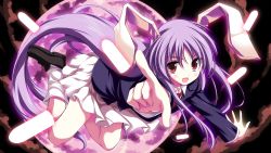 Rule 34 | 1girl, animal ears, blazer, cloud, danmaku, full moon, jacket, jumping, loafers, long hair, long sleeves, looking at viewer, moon, necktie, night, night sky, odawara hakone, open mouth, outstretched hand, pleated skirt, pointing, purple hair, rabbit ears, red eyes, reisen udongein inaba, shoes, skirt, sky, socks, solo, touhou, very long hair