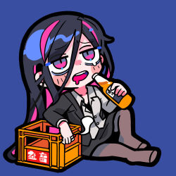 Rule 34 | 1girl, alcohol, asymmetrical sleeves, bags under eyes, bandaged fingers, bandages, beer, beer bottle, black dress, black hair, black jacket, black sleeves, blue background, blush stickers, bottle, check copyright, coattails, collarbone, collared jacket, collared shirt, colored inner hair, commentary request, copyright request, crate, dress, drooling, drunk, fang, full body, furrowed brow, grey pantyhose, grey shirt, grey sleeves, holding, holding bottle, jacket, jacket partially removed, knee up, layered sleeves, long hair, long sleeves, looking ahead, mismatched sleeves, multicolored hair, no shoes, open mouth, original, pantyhose, pink eyes, pink hair, shirt, short dress, simple background, sitting, solo, straight hair, streaked hair, tearing up, teeth, terada tera, upper teeth only, very long hair