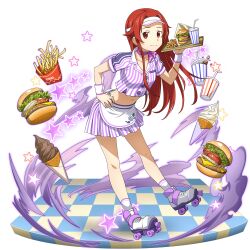 Rule 34 | 1girl, apron, burger, choker, collarbone, food, french fries, full body, hair intakes, highres, holding, holding plate, ice cream cone, jacket, leaning forward, long hair, midriff, miniskirt, navel, non-web source, official art, plate, pleated skirt, purple ribbon, red hair, ribbon, ribbon choker, roller skates, short sleeves, skates, skirt, solo, stomach, striped clothes, striped jacket, striped skirt, sword art online, sword art online: alicization, sword art online: memory defrag, tiese schtrinen, transparent background, vertical-striped clothes, vertical-striped jacket, vertical-striped skirt, very long hair, visor cap, waist apron, white apron, wristband