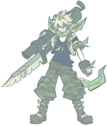 Rule 34 | 1boy, ammunition, bayonet, black shirt, blonde hair, boots, camouflage, cannon, creatures (company), fingerless gloves, full body, game freak, gatling gun, gen 4 pokemon, gloves, gun, jewelry, knife, leafeon, looking at viewer, lowres, male focus, multicolored hair, necklace, nintendo, personification, pokemon, scarf, shirt, simple background, solo, standing, two-tone hair, vest, weapon, white background