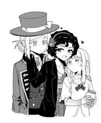 Rule 34 | 3girls, aged down, bow, chinese commentary, closed mouth, collared coat, commentary request, dress, greyscale, hair bun, hand on another&#039;s face, hand on another&#039;s shoulder, hat, hat bow, heart, highres, holding, holding jar, jacket, jar, jewelry, long sleeves, monochrome, multiple girls, necklace, open mouth, reverse:1999, schneider (reverse:1999), short hair, single side bun, smile, time paradox, top hat, vertin (reverse:1999), vest, xunyu (manyu), yuri