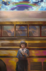 Rule 34 | 1girl, against vehicle, arm behind back, bag, black bag, black hair, black skirt, blue shirt, book, bus, commentary, english commentary, english text, highres, holding, holding book, long sleeves, motor vehicle, neckerchief, nham nguyen, original, outdoors, red neckerchief, sailor collar, school bag, school bus, school uniform, shirt, short hair, skirt, standing, striped collar, waiting, white sailor collar, window