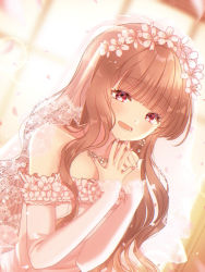 1girl, arms up, bangs, blunt bangs, blurry, blurry background, bridal veil, bride, brown hair, cherry blossoms, collarbone, commentary, detached sleeves, dress, drop earrings, dutch angle, earrings, eyebrows visible through hair, fingernails, fingers to chin, flower, glint, hair flower, hair ornament, jewelry, konpeito1025, lace-trimmed veil, lace trim, light blush, long hair, looking at viewer, lower teeth, nail polish, necklace, open mouth, original, own hands together, petals, pink dress, pink eyes, pink nails, ring, sidelocks, sleeves past wrists, solo, strapless, strapless dress, veil, very long hair, wedding band, wedding dress, window