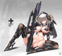 Rule 34 | 1girl, akatsuki akane, armor, bikini armor, black thighhighs, bottomless, breasts, brown hair, convenient censoring, grey hair, gun, high heels, highres, holding, holding gun, holding weapon, horns, large breasts, looking at viewer, mole, mole on breast, mole on crotch, navel, original, short hair, shrug (clothing), sitting, solo, spread legs, thighhighs, veil, weapon
