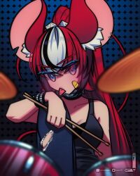 Rule 34 | 1girl, :p, alternate hairstyle, animal ear fluff, animal ears, bandaid, bandaid on cheek, bandaid on face, black hair, black shirt, blue background, blue eyes, blue pants, blush, breasts, denim, dice hair ornament, drum, drumsticks, hair ornament, hakos baelz, highres, holding, holding drumsticks, hololive, hololive english, instrument, jeans, loen, long hair, looking at viewer, medium breasts, mouse ears, mouse girl, multicolored hair, nose piercing, pants, piercing, ponytail, red hair, shirt, sitting, solo, streaked hair, studded bracelet, studded choker, tongue, tongue out, torn clothes, torn pants, virtual youtuber, white hair
