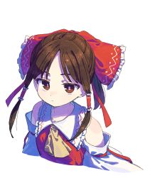 Rule 34 | 1girl, ascot, bow, brown eyes, brown hair, cropped torso, detached sleeves, expressionless, frills, hair bow, hair tubes, hakurei reimu, highres, long hair, looking at viewer, nama udon, ribbon trim, sidelocks, simple background, solo, touhou, upper body, white background