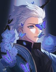 Rule 34 | 1boy, bishounen, bizhiyouran, blue butterfly, blue coat, blue eyes, bug, butterfly, coat, devil may cry, devil may cry (series), devil may cry 3, flower, hair slicked back, highres, insect, male focus, solo, too many, too many butterflies, too many flowers, vergil (devil may cry), white hair
