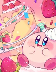 Rule 34 | blush stickers, cake, colored skin, confetti, fafameow, food, food on face, fruit, green skin, highres, kirby, kirby&#039;s dream buffet, kirby (series), nintendo, no humans, pink skin, smile, solid oval eyes, star (symbol), strawberry