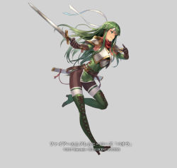 Rule 34 | 1girl, armor, boots, breasts, cross-laced footwear, cuboon, elbow gloves, fingerless gloves, fire emblem, fire emblem: mystery of the emblem, fire emblem heroes, full body, gloves, green eyes, green hair, headband, high heel boots, high heels, lace-up boots, long hair, nintendo, official art, palla (fire emblem), pantyhose, pegasus knight uniform (fire emblem), skirt, solo, thighhighs, thighhighs under boots, very long hair, weapon