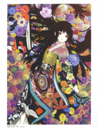 Rule 34 | 1girl, absurdres, artbook, black hair, bug, butterfly, camellia print, chrysanthemum, enma ai, floral print, flower, highres, insect, japanese clothes, jigoku shoujo, kimono, lips, long hair, long sleeves, obi, official art, oka mariko, pale skin, red eyes, sash, scan, seigaiha, solo, spider lily, wide sleeves