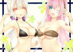 Rule 34 | 2girls, :o, ;d, ahoge, albino, armpits, asymmetrical docking, bad id, bad pixiv id, bandeau, belly, bikini, blue eyes, blush, bow, bracelet, breast press, breasts, cleavage, colored eyelashes, hair between eyes, hair bow, hand up, headphones, huge breasts, jewelry, large breasts, long hair, looking at viewer, low ponytail, megurine luka, midriff, multiple girls, navel, one eye closed, open mouth, pale skin, pink hair, po chi (popcorn), pochi (popcooooorn), ponytail, raised eyebrows, red eyes, ribbon, simple background, skindentation, smile, strap gap, strapless, strapless bikini, swimsuit, symmetrical docking, tattoo, traditional media, underboob, upper body, very long hair, vocaloid, waving, white hair, yowane haku