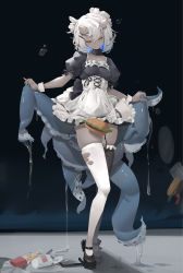 Rule 34 | 1girl, absurdres, apron, burger, dark-skinned female, dark skin, eyebrows hidden by hair, food, french fries, frilled thighhighs, frills, hair between eyes, highres, horns, lwj, maid, maid apron, mole, mole under eye, original, short hair, skirt, slime (substance), solo, standing, tentacles, thighhighs, torn clothes, white hair, white thighhighs, wrist cuffs