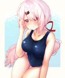 Rule 34 | 1girl, blue background, blue one-piece swimsuit, blush, breasts, commentary, cowboy shot, futsure, gluteal fold, hair between eyes, hair ornament, hair over one eye, hair ribbon, hairclip, highres, large breasts, long hair, looking at viewer, low ponytail, navel, nijisanji, one-piece swimsuit, pink hair, ponytail, red eyes, red ribbon, ribbon, school swimsuit, shiina yuika, sitting, solo, swimsuit, thigh gap, thighs, very long hair, virtual youtuber